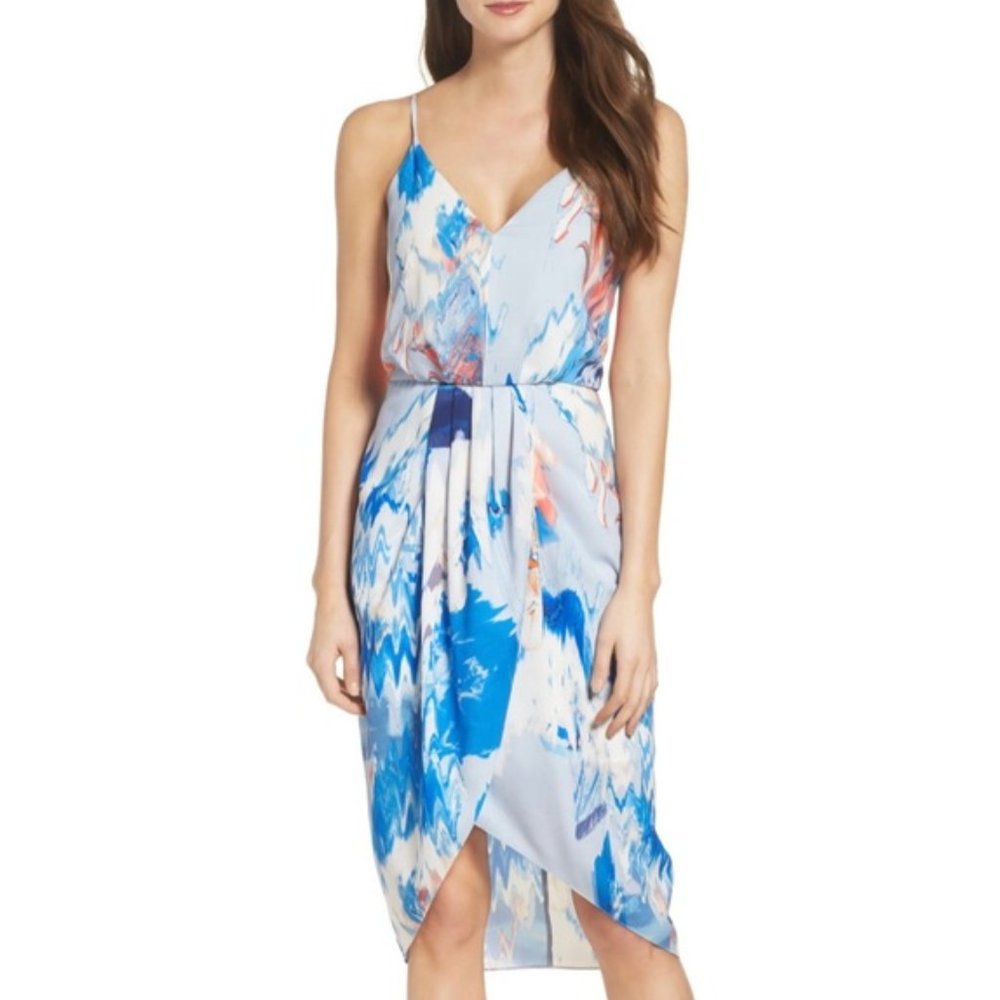 NWT Chelsea28 Faux Wrap Blue Watercolor Floral Print Dress Sleeveless Size 14